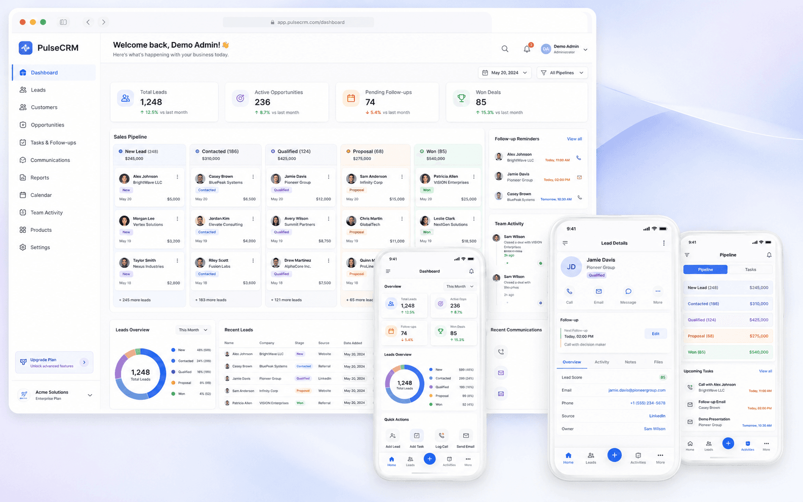 Custom CRM software web application dashboard and mobile application UI